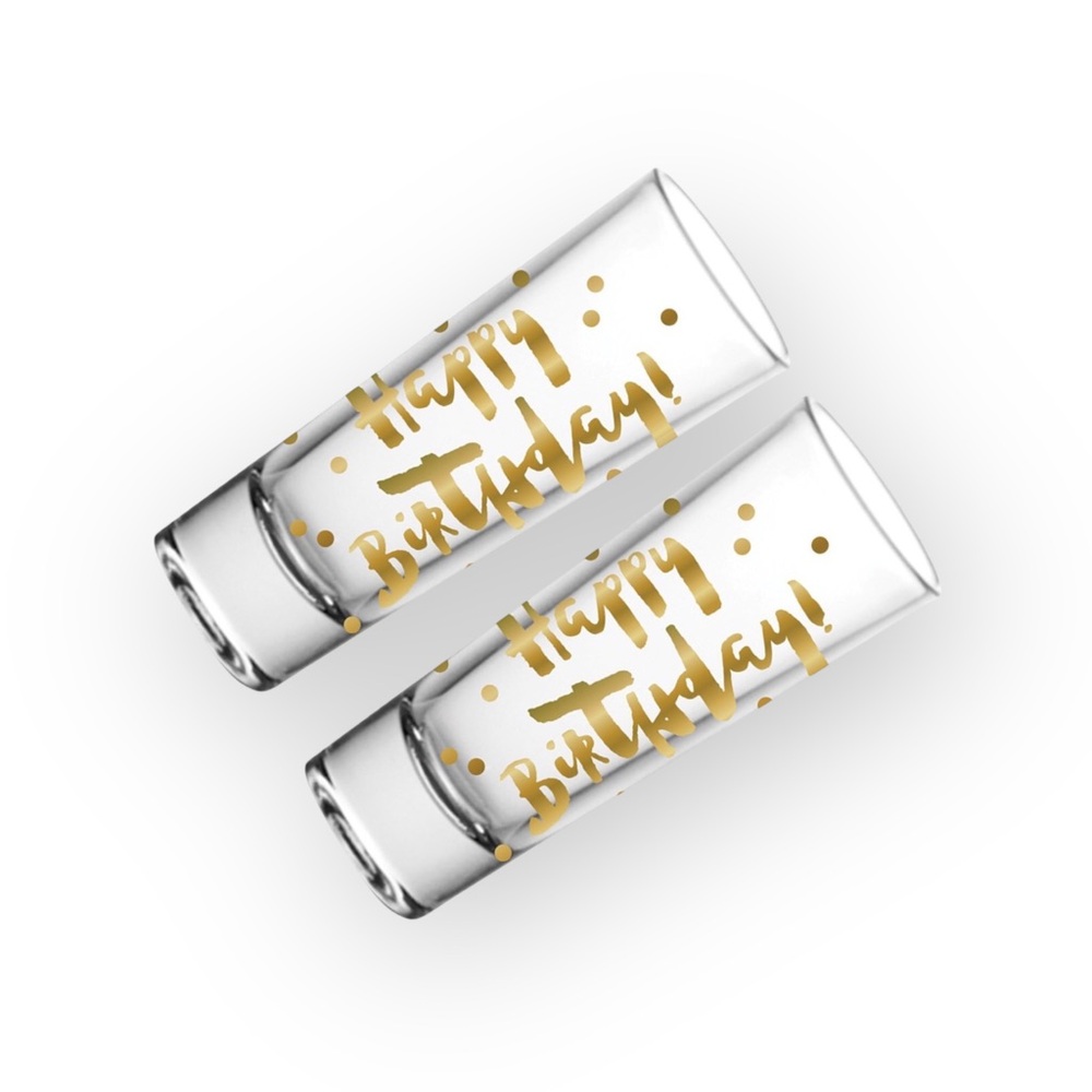 new Happy Birthday Shot Glass Set of 2 ✶ Double Shot Glasses ✶ Gold Foil Print ✶ - Picture 11 of 16